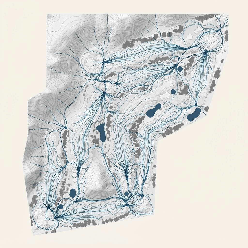 Water flow path lines tracing drainage across a fairway toward low points