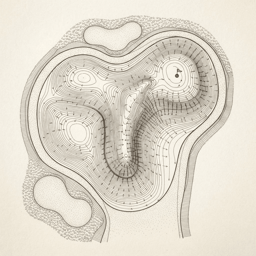 Dense contour map of a putting green with directional slope arrows