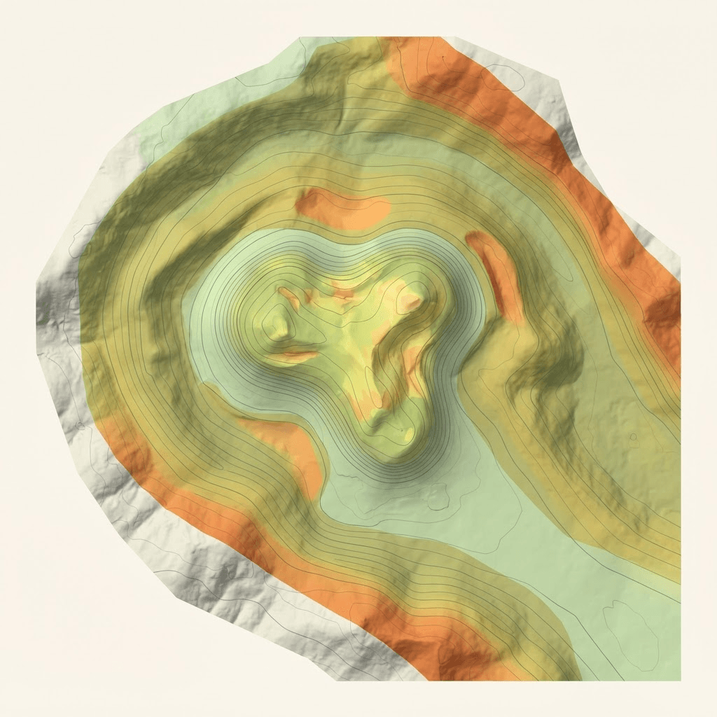 Top-down slope heat map of a green and fairway from flat to steep