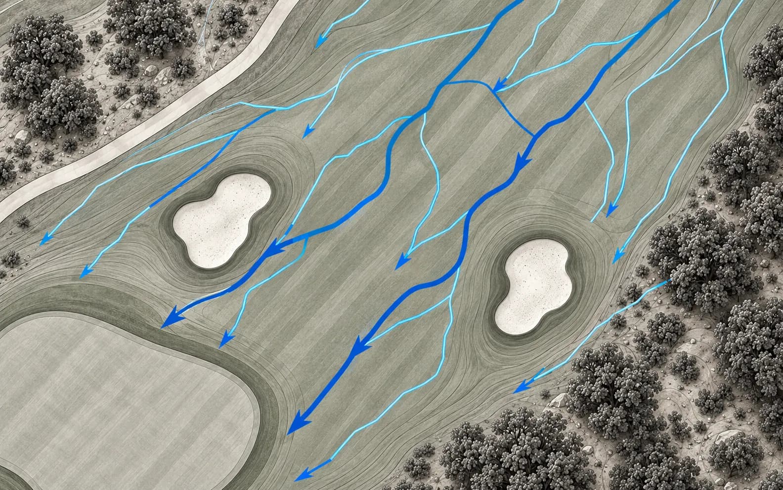 Blue water flow paths across a fairway, joining into main channels between two bunkers