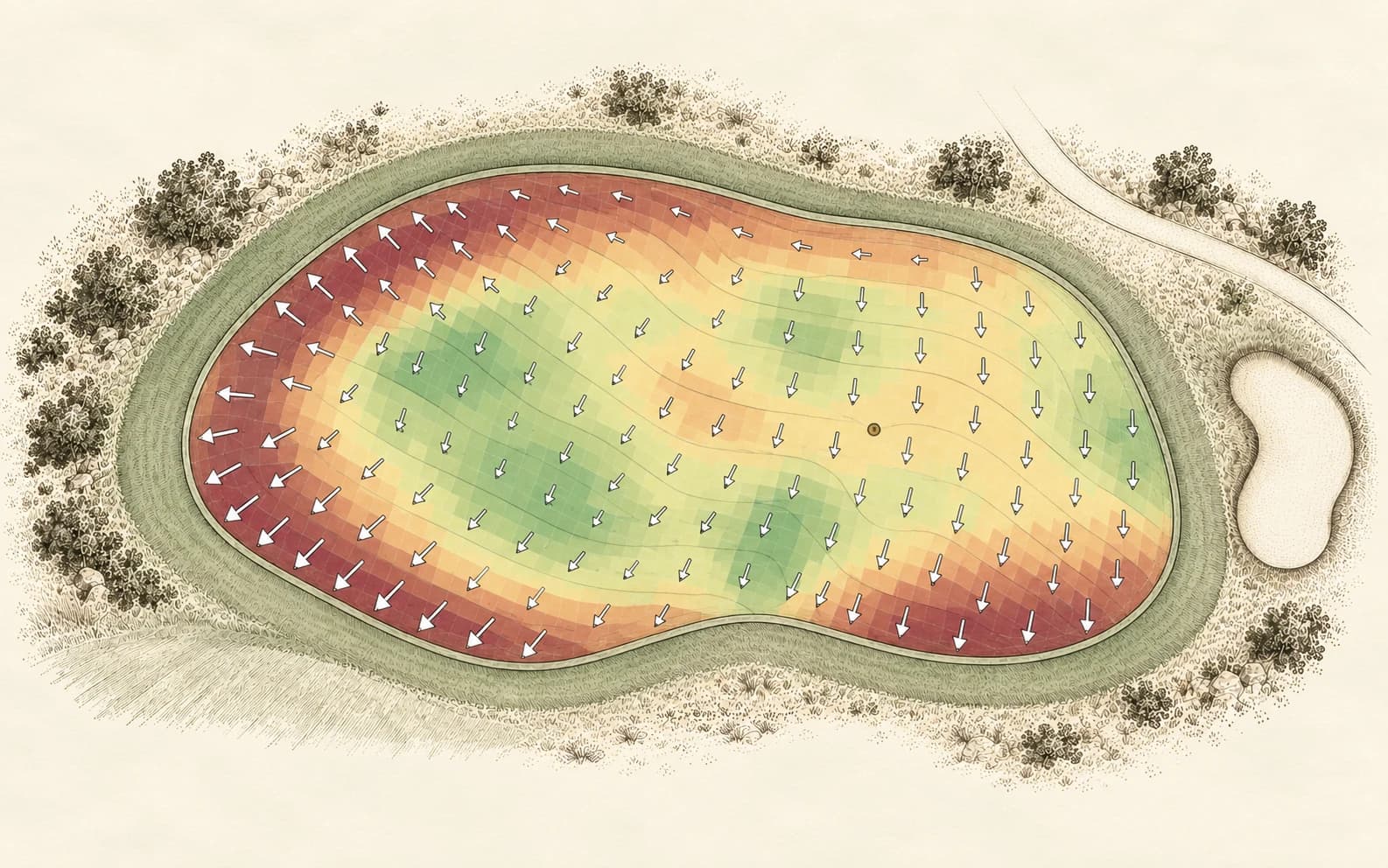Putting green shaded by slope, with arrows showing which way each part of it falls