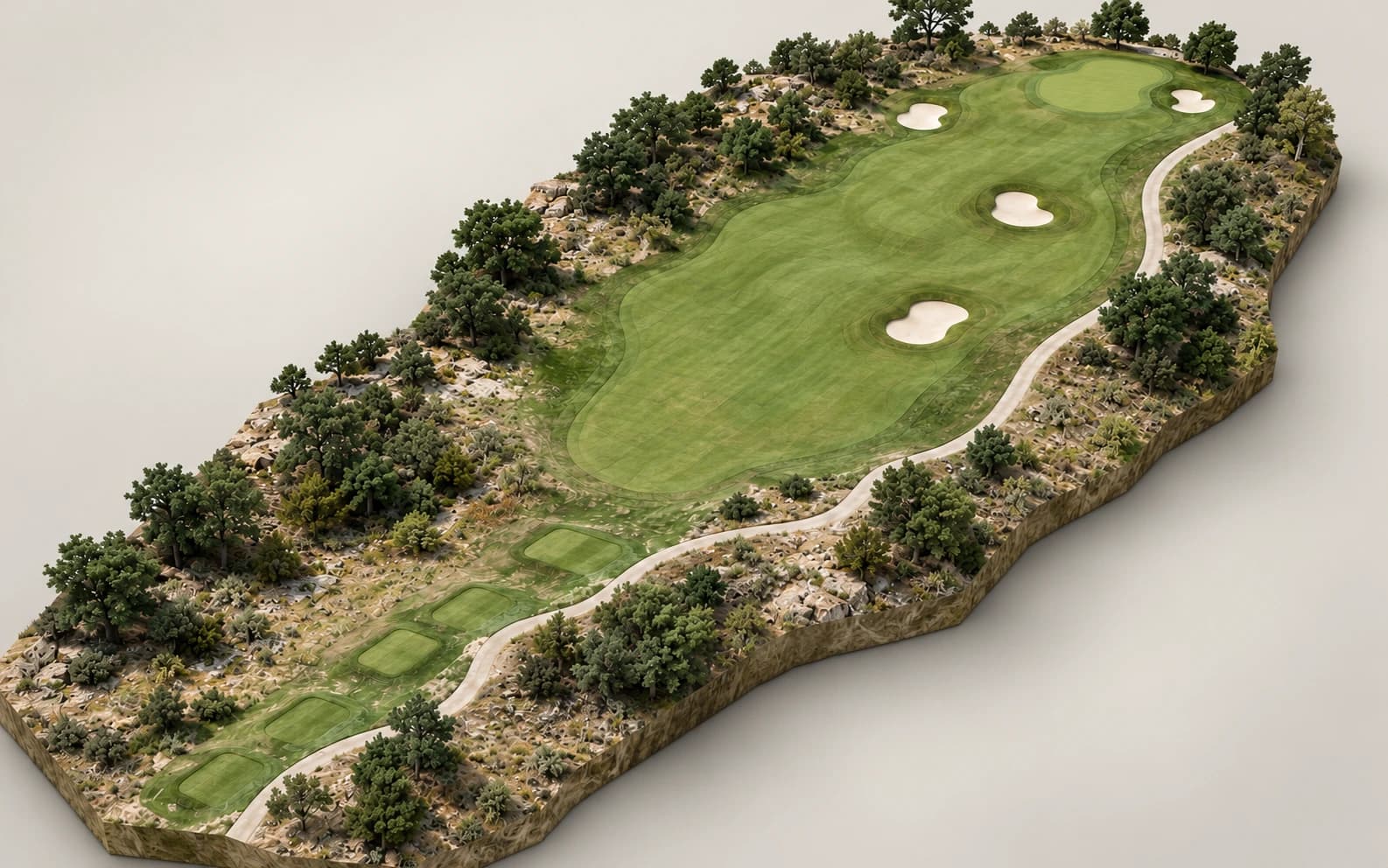 3D model of a golf hole from tee boxes to green, with bunkers, a cart path and trees